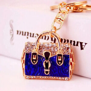 Lady's Blue Purse Goldtone Keychain Crystal Rhinestone Keyring Handbag Charm